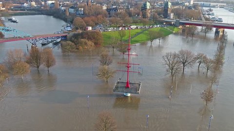 DUISBURG / GERMANY - JANUARY 08 2017 : The Muehlenweide is flooded by the river Rhine in Ruhrort - aerial view