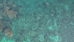 Aerial video of coral gardens in the Exmouth gulf. Beautiful quiet water with see through bommies. Location Bundegi beach, Ningaloo reef in Western Australia.