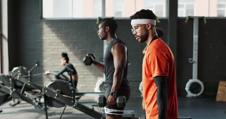 Fitness, dumbbell and people in gym with muscle workout, accountability and tired for hard work or heavy training. Funny bodybuilder or nerd with weak arms, comedy and exercise equipment for health