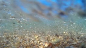Sea bottom and waves. Underwater video shooting action camera. Tide, sea surf, the sea shore under water.