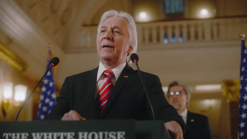 Angry and serious American President pronounces emotional political speech in the White House. Senior US minister, government representative speaks for media and TV news at press campaign in Congress.