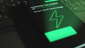 Harness the power of green energy. Smart Grid Technology. Inscription on smartphone screen. Graphic presentation with Energy symbol on black background. Power and energy concept. Light rays - Powered by Shutterstock - Get 15% off with code: PIKWIZARD15
