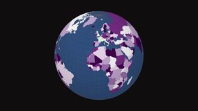 Rotating earth. Slanted sphere view. Fast speed globe rotation. Colored countries style. World map with dense graticule lines on Dark background. Neat animation.