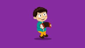 Boy walking with accordion. Animation of music parade cartoon character