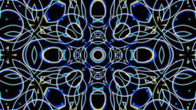 A vibrant, symmetrical kaleidoscope pattern featuring an array of blues, reds, and yellows, endlessly looping in a hypnotic animation. 3D Illustration