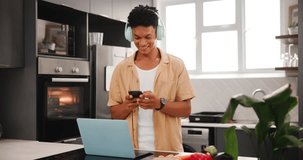 Man, headphones and internet on phone in kitchen with laughing, text message or social media video. Food vlogger, influencer couple or content creation with funny meal ideas or recipe website in home