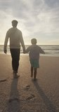 Vertical video of biracial father with son walking on sunny beach. healthy, active time beach holiday.