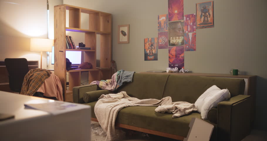 Messy, living room and couch in apartment, trash and food on floor, clothes and garbage on sofa. Lounge, home and house with rubbish, chaos and night after party, flat and rental and empty interior