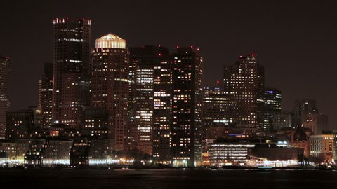 Boston Skyline night time lapse pan right