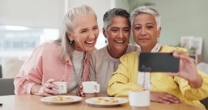 Senior women, selfie and laugh with coffee, smile or picture for memory of tea party. Female people, reunion or elderly citizens together for video call, happy or brunch for eating, love or bonding