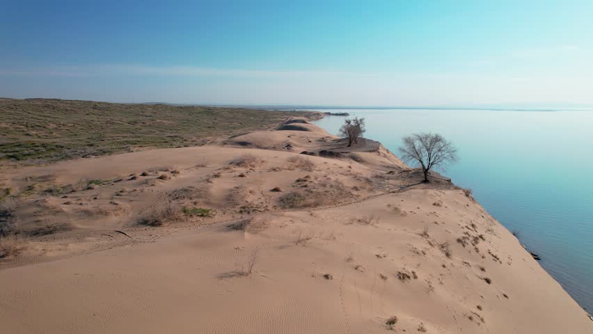 Desert dune with blue sea at sunrise