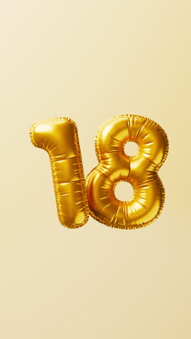 Golden balloons Number 18 rise and float animation. Anniversary concept. 3d render. 3D Illustration