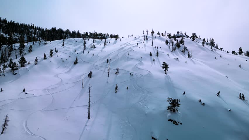 Aerial view of ski tracks on mountain in Desolation Wilderness, Lake Tahoe, California