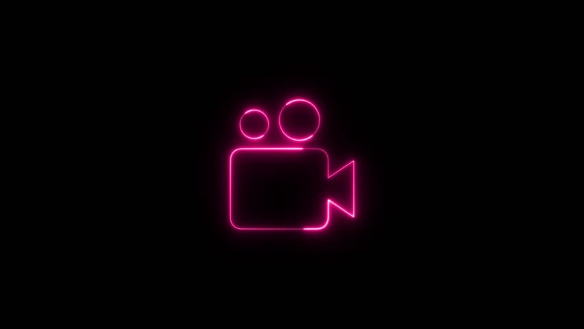 Neon glowing video camera icon animation in black background. Neon effect cinema camera sign animation. 4K Video motion graphic animation