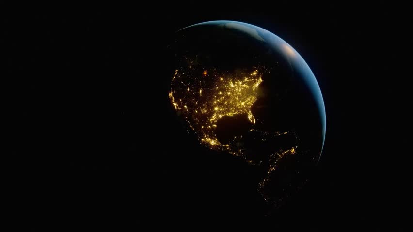 Beautiful 3d planet earth animation. Spinning view from orbit in space, with city lights revealed at night. Concept, view of clouds, ocean, and land, background in 4k.