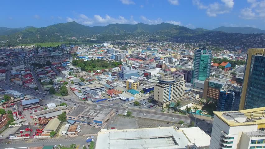 Wrightson Road Port of Spain, Trinidad and Tobago. Facing northern mountain range, partly cloudy, light traffic