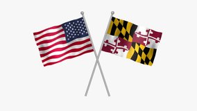 Flag of Maryland and USA, Cross table flag of Maryland and USA on white screen, USA States Maryland 3D Animation flag waving in the wind isolated on white Background. 
