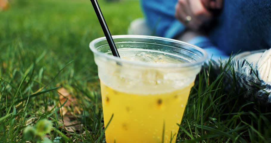 Healthy summer spring lemonade on the grass . Tropical lemonade. Fresh drinks in the park