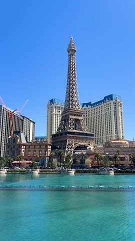 Timelapse of Bellagio Fountains during day with Blue Skies and Paris Paris, April 6, 2024, Las Vegas NV