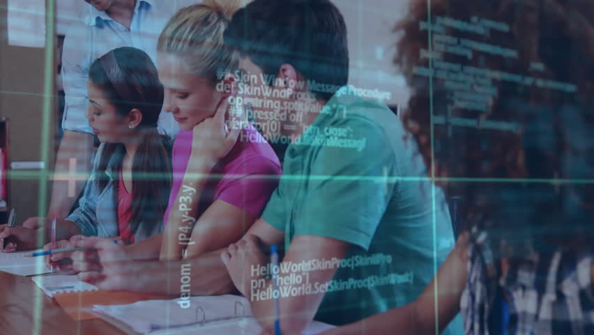 Animation of data processing over diverse male and female students. Global education, learning, computing and digital interface concept digitally generated video.