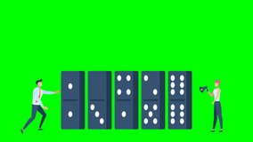Сhain reaction and disaster business. Standing dominoes. Businessman pushing the domino effect. Action and reaction to balance business, chain row, crisis. 2d flat animation. Alpha channel. Chroma key - Powered by Shutterstock - Get 15% off with code: PIKWIZARD15