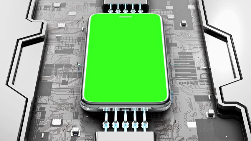 Phone Mock-Up. Working circuit board or is transmitting data animation. Blank green screen for entering text used in advertisements. 3D Render.
