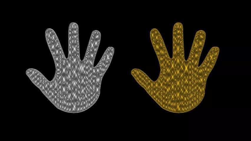 Spinning silver and golden hand symbol on plain black background