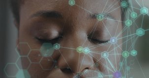 Animation of molecules, connections with brain and data processing over african american woman. Global technology, connections, computing and digital interface concept digitally generated video.