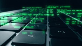 Close up of laptop keyboard with abstract coding big data. Digital innovation protection technology. Futuristic network server background. Blockchain crypto developer and binary program code concept - Powered by Shutterstock - Get 15% off with code: PIKWIZARD15