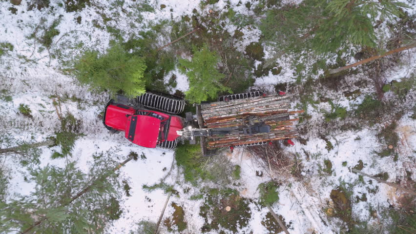 Forwarder with grapple loader transports felled logs in snowy forest, top drone