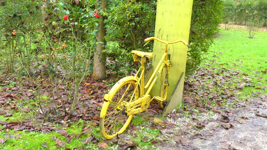 old stained glass yellow bicycle stands in green bushes near city park