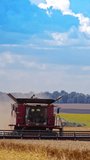 Agricultural machine during harvesting crop. Modern combine harvester gathering dry wheat on the beautiful background of yellow fields in summer. Vertical video