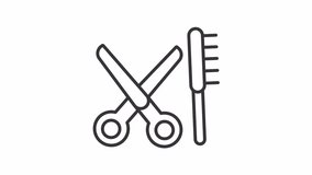 Animated hairdressing tools icon. Moving scissors and comb line animation. Stylist equipment. Grooming service. Black illustration on white background. HD video with alpha channel. Motion graphic