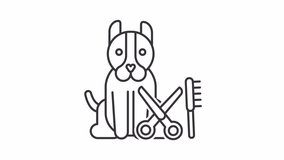 Pet grooming line animation. Animated dog and grooming tools icon. Pet service. Hygiene and haircut. Animal care. Black illustration on white background. HD video with alpha channel. Motion graphic