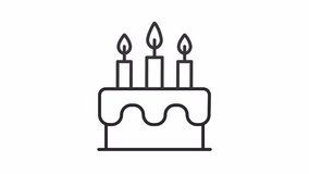 Animated birthday cake icon. Birthday party line animation. Party dessert with candles. Happy birthday. Black illustration on white background. HD video with alpha channel. Motion graphic
