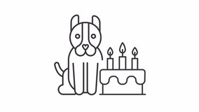 Pet party line animation. Animated dog with cake icon. Pet adoption celebration. Pet event organization. Black illustration on white background. HD video with alpha channel. Motion graphic