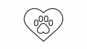 Pet love line animation. Animated paw print within heart icon. Pet care. Animal charity. Pet rescue and adoption. Black illustration on white background. HD video with alpha channel. Motion graphic