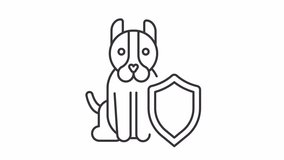 Pet insurance line animation. Animated dog with shield icon. Animal safety. Pet care service. Veterinary care. Black illustration on white background. HD video with alpha channel. Motion graphic