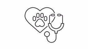 Veterinary care line animation. Animated paw print in hear with stethoscope icon. Vet clinic. Pet checkup. Black illustration on white background. HD video with alpha channel. Motion graphic