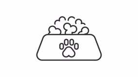 Pet food line animation. Animated dog bowl with paw print icon. Bowl full of kibble. Pet nutrition and care. Black illustration on white background. HD video with alpha channel. Motion graphic