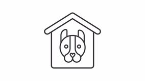 Pet shelter line animation. Animated dog house icon. Animal rescue. Pet housing. Dog adoption. Animal charity. Black illustration on white background. HD video with alpha channel. Motion graphic