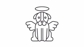 Pet funeral service line animation. Animated angel dog with halo icon. Pet loss. Pet afterlife. Dog heaven. Black illustration on white background. HD video with alpha channel. Motion graphic