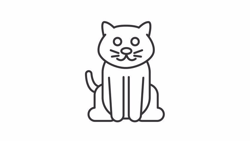 Animated cat icon. Domestic animal. Pet moving tail and head line animation. Animal character. Cute kitten. Black illustration on white background. HD video with alpha channel. Motion graphic