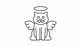 Pet memorial service line animation. Animated angel cat with halo icon. Pet loss. Pet afterlife. Black illustration on white background. HD video with alpha channel. Motion graphic