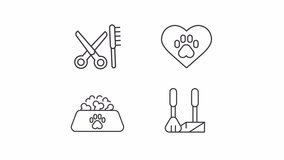 Animated pet supplies icons. Pet care accessories line animation library. Grooming and hygiene. Black illustrations on white background. HD video with alpha channel. Motion graphic