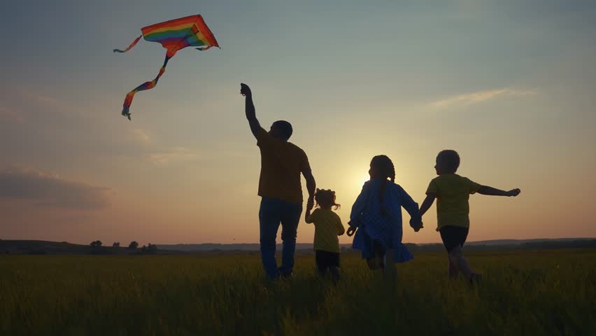 family running in park. group of kids and family running in park silhouette playing with kite. happy family kid dream concept. happy family kids run play at sunset lifestyle nature with kite Royalty-Free Stock Footage #3476464505