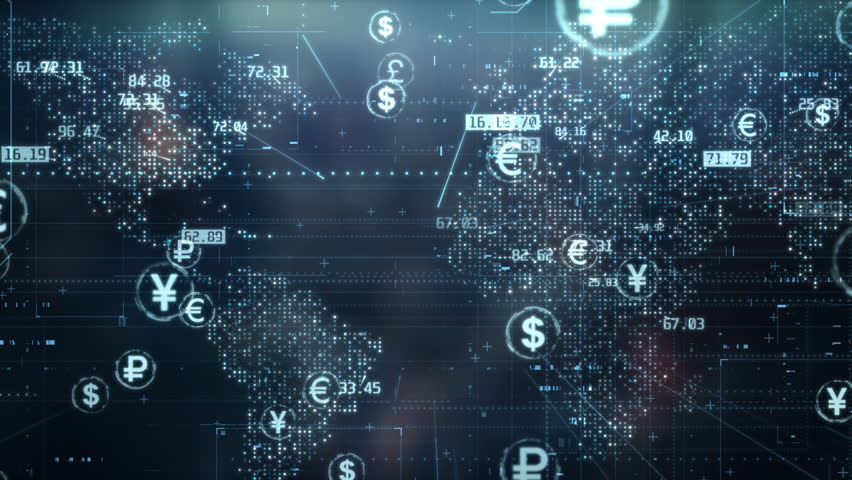 Global currencies exchange on abstract digital world map background. Stock market investment and trading concept. Transfer money technology and CBDC payments worldwide. Online banking account