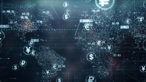 Global currencies exchange on abstract digital world map background. Stock market investment and trading concept. Transfer money technology and CBDC payments worldwide. Online banking account - Powered by Shutterstock - Get 15% off with code: PIKWIZARD15