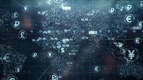 Global currencies exchange on abstract digital world map background. Stock market investment and trading concept. Transfer money technology and CBDC payments worldwide. Online banking account - Powered by Shutterstock - Get 15% off with code: PIKWIZARD15