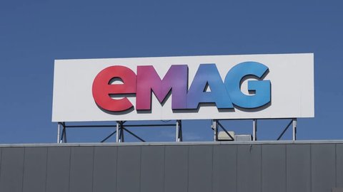 The logo sign of eMag online retail shop store in Romania. Bucharest, 31 March 2024. 4 k videoのエディトリアル動画素材